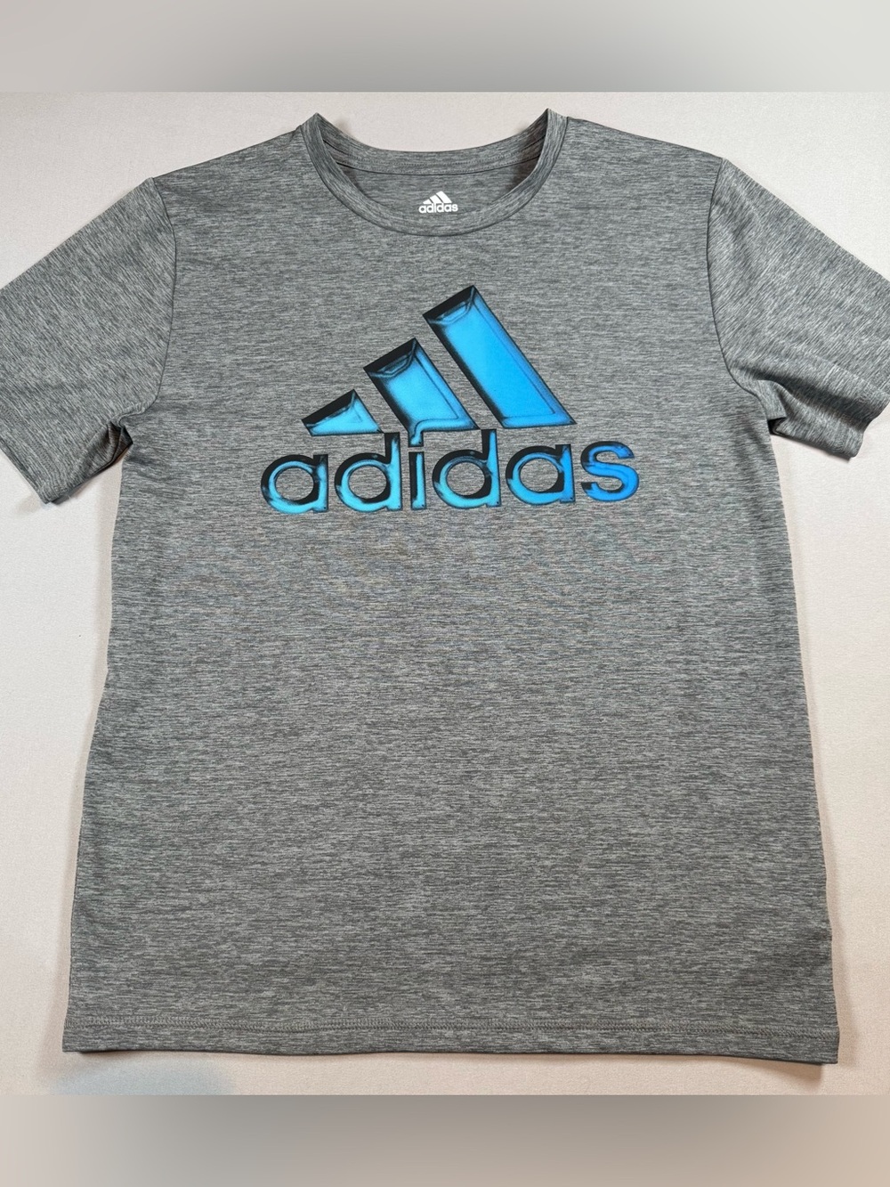 Adidas Boys Heather Grey Performance Blue Logo Athletic Shirt - Size Large 14/16